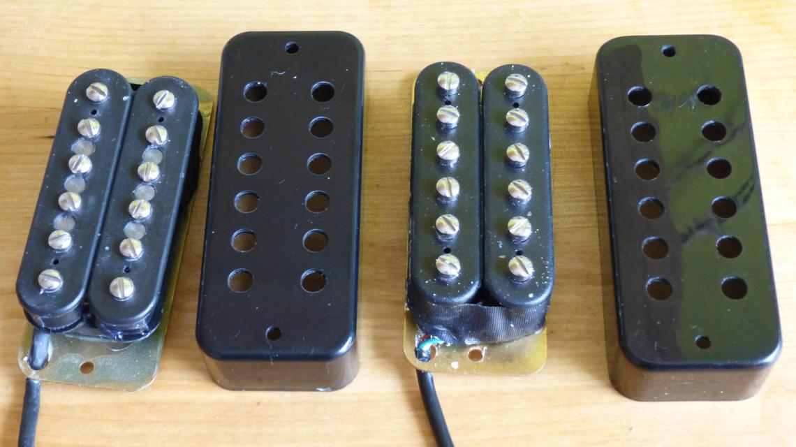 photo of a Dimarzio 210 soapbar pickup and a Yamaha RGX pickup with covers off
