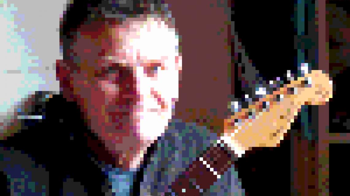 Heavily pixelated picture of James Bissset's face and a guitar head