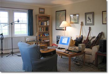 pic of cottage living room with recording gear